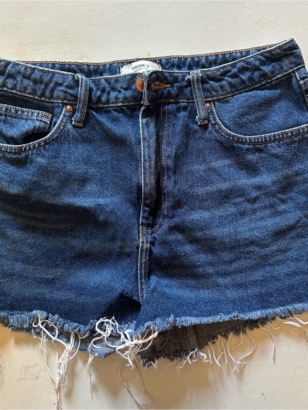 Forever 21 Blue High-Rise Frayed Hem Denim Shorts